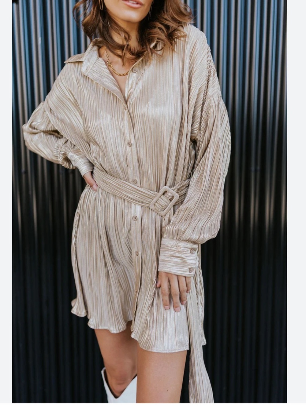 Le Lis Metallic Champagne Dress